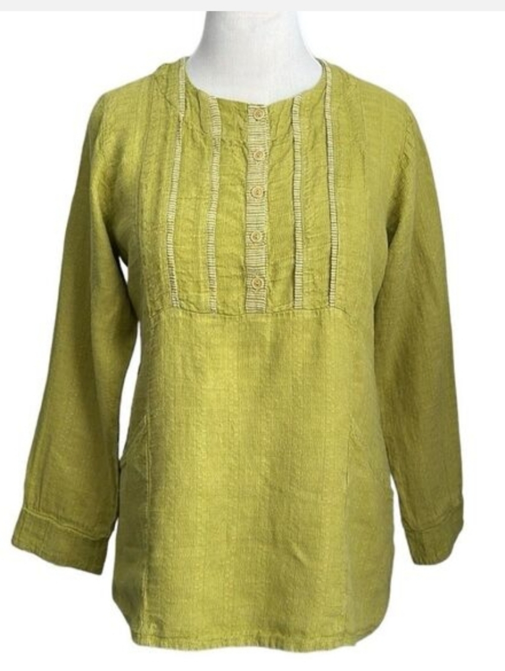 FLAX 100% LINEN “ I Am Legendary” Embroidered Long Sleeve Top Lime Green Size M